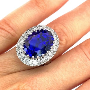 Huge Tanzanite Engagement Ring 10 carat Tanzanite Diamond Ring 18K White Gold Ring Purest Deepest Blue Custom Wedding Ring