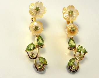 Daisy Earrings Jewelry Long 14K Gold Plated Sterling Silver 925 Artisan Boho Wedding Cameo MOP Mother of Pearl Sapphire Peridot Flower Long