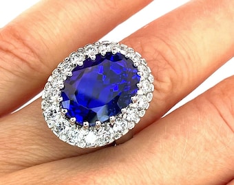 Huge Tanzanite Engagement Ring 10 carat Tanzanite Diamond Ring 18K White Gold Ring Purest Deepest Blue Custom Wedding Ring