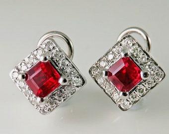 Ruby Earrings 18K Gold Square Cut Ruby Stud Earrings Natural Ruby Diamond Earrings Ruby Studs Ruby Anniversary Red Ruby Earrings Jewelry