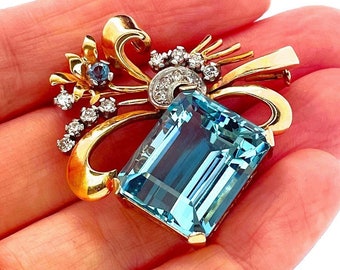 Art Deco Aquamarine Brooch Santa Maria Aquamarine Jewelry Diamond Brooch Art Deco Bridal Jewelry 1920s Jewelry Great Gatsby Jewelry 18K