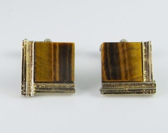 Tigers Eye Gold Plated Silver Mens Vintage Unique Modernist Cuff Links Square Geometric Cufflinks One of a Kind Gifts 1950s Mid Century Man