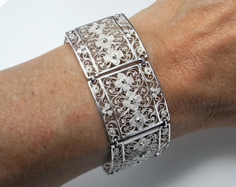 Pulsera de filigrana de plata antigua Pulsera Jugendstil Pulsera victoriana Pulsera de encaje de plata Pulsera Art Nouveau europea Pulsera de eslabones Flor Margarita