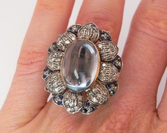Art Deco Aquamarine Diamond Ring Aquamarine Cabochon Ring Color Engagement 1920s Engagement Ring 1930s Engagement Ring Rose Cut Diamond Blue