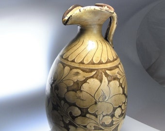 Late Tang -Song Dynasty Ewer Peonies Peony Floral Decoration Slip Decorated Stoneware Ancient Chinese Artifacts Asian Art Ceramics