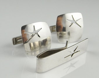 Vintage Silver Star Cufflinks with Tie Clip with Box Unique Cufflinks Tie Clasp Bar Set for Men Mens Accessories and Gifts for Dad Christmas