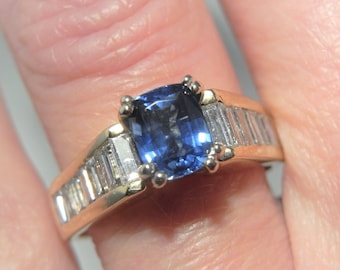 Unheated Ceylon Blue Sapphire Diamond Ring Gold Sapphire Engagement Ring Cushion Cut Blue Sapphire Ring Estate Vintage Sapphire Anniversary