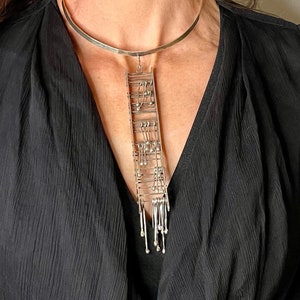 Silver Statement Necklace Brutalist Jewelry 1970s Jewelry Mid Century Necklace Mid Century Pendant Modernist Necklace Waterfall Necklace Bib