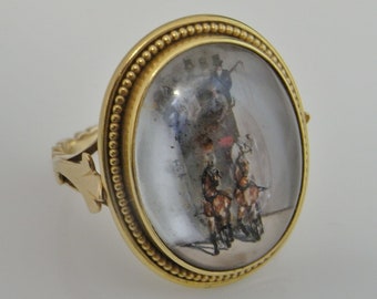 Stage Coach Ring 19th Century Essex Crystal Intaglio Ring Miniature Paintings 18K Yellow Gold Ring Victorian Jewelry Antique Gold Ring Ring