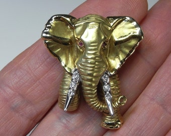 Ruby Diamond Gold Elephant Brooch Pin Pendant Necklace 14K Yellow and White Gold Baby Elephants Animal Jewelry Unisex Gifts Ruby Anniversary
