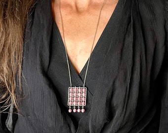 Fringe Necklace Silver Tassel Necklace Modernist Geometric Necklace Pendant 1950s 1960s 1970s Jewelry Kinetic Necklace Pink Gem Necklace