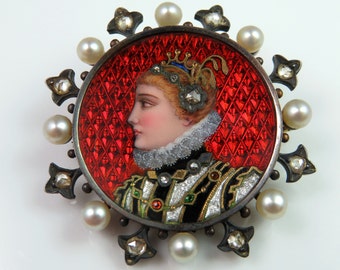 Victorian Brooch Antique Pearl Brooch Enamel Brooch Enamel Pin Diamond Brooch French Jewelry Renaissance Revival Jewelry Medieval Dress 18K