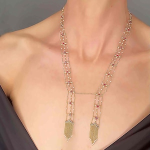 Collar antiguo victoriano único de rubíes, zafiros y perlas con flecos de oro de 14 quilates, estilo años 1870. Collar de negligé. Collar de aniversario de rubí.