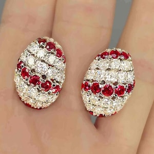 OOAK Deep Red Unheated Ruby Diamond 18K Gold Dome Earrings 1950s Striped Rubies Diamond Anniversary Gifts