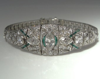 Art Deco Platinum Emerald Diamond Bracelet Art Deco Antique Diamond Jewelry Bracelet Bangle 1920s 1930s Jewelry Bracelet Wedding Anniversary
