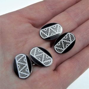 Antique Enamel Cufflinks Edwardian Silver Cuff Links Black and White Cufflinks Unisex Cuff Links Gifts Handmade Cuff Links