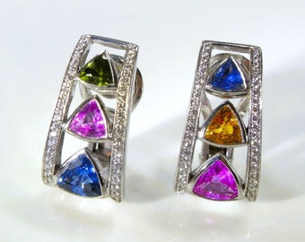 Unheated Multicolor Rainbow Sapphire Diamond Earrings 18K Gold Trillion Trilliant No Heat Pink Blue Green Yellow Sapphire Earrings