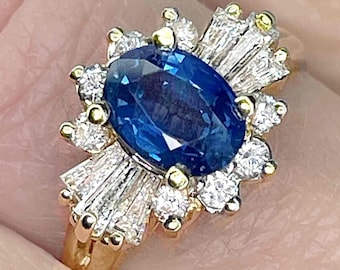 Vintage Unheated Ceylon Blue Sapphire Diamond 14K Gold Ring Luxury Blue Sapphire Anniversary Ring Ceylon Blue Sapphire Engagement Ring