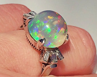 LARGE Opal Diamond Ring Fiery Rainbow Crystal Opal Art Deco Diamond Platinum Ring Opal Engagement Rings Untreated Natural Cabochon 1940s