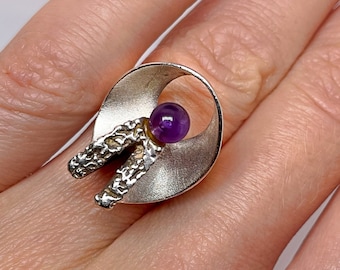 Amethyst Ring Silver Cabochon Ring Modernist Ring Minimalist Ring Unique Silver Rings Amethyst Cabochon Boho Rings Bohemian Rings Signet