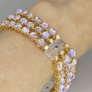 61.95cttw OOAK Art Deco Precious Moonstone Sapphire Diamond 14K Bracelet Antique Blue Moonstone Cabochon Bangle Anniversary Gifts