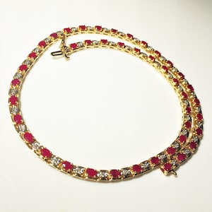 Unheated Ruby Diamond Tennis Necklace Chain 14K Gold Untreated Estate Ruby Necklace Ruby Wedding Anniversary No Heat Ruby Necklace