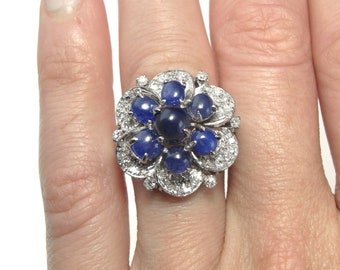 1930s Art Deco Sapphire Ring Blue Unheated Cabochon Filigree Bombe Dome Floral 14K Gold Ring