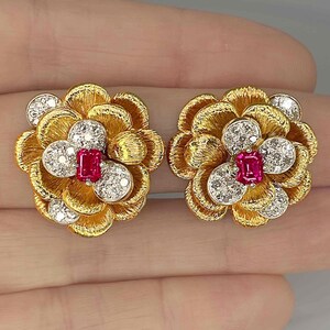 OOAK 1950s Unheated Ruby Diamond Flower 14K Earrings Clip On Gold Earrings Unique Ruby Anniversary Gifts