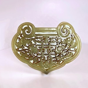Antique Chinese Green Jade Pendant w. Authenticity Report Qing Dynasty Lock Bats Double Happiness Pendant