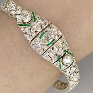 OOAK Art Deco Platinum Emerald Diamond Bracelet Art Deco Antique Diamond Bangle 1920s 1930s Jewelry for Anniversary Gift image 1