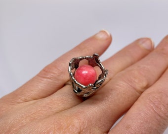Rhodochrosite Ring 835 Silver Jewelry Statement Ring Modernist Ring Mid Centur Ring Unique Silver Rings Artisan Jewelry 1970s Ring Jewelry