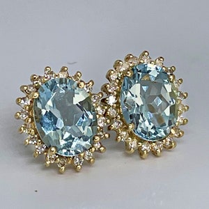 Oval Aquamarine Diamond Earrings 14K Gold Studs Natural Aquamarine Stud Earrings Oval Studs Bridal Halo Earrings March Birthstone Gift