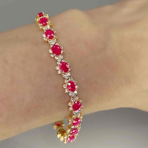 Stunning Burmese Ruby Diamond 14K Tennis Bracelet Vintage Ruby Anniversary Engagement Gifts