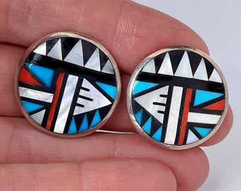 Geometric Inlay Native American Indian Old Pawn Earrings Clip On American Indian Earrings Sterling Silver Clip Earrings Circle Earrings 925