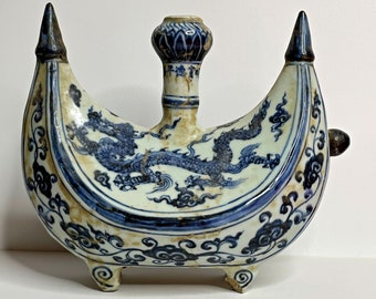 Azul y blanco de Xuande, porcelana de la dinastía Ming, frasco de peregrino, luna creciente, marca de seis caracteres, período de 1426 a 1435, porcelana del siglo XV.