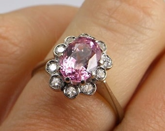 Unheated Padparadscha Sapphire Engagement Ring Cluster Engagement Ring 1950s Engagement Cocktail Ring 18K Pink Peach Sapphire Engagement