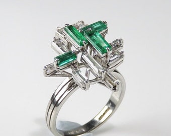 COLOMBIAN Emerald Diamond Engagement Ring Platinum Emerald Cocktail Unique Wedding MODERNIST JEWELRY Statement Baguette Diamond Anniversary