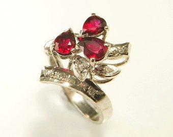 Ruby Engagement Ring No Heat Ruby Diamond Engagement Cluster Ring Ruby Cocktail Ring Ruby Anniversary Floral Vintage Mid Century Ring RED