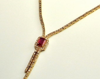 Estate Ruby Necklace Emerald Cut Red Ruby Diamond Necklace 14K Gold Diamond Lariat Necklace Italy Italian Drop Necklace Ruby Anniversary