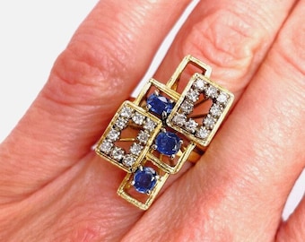 Blue Sapphire Diamond Modernist Ring 14K Gold Unique Geometric 1970s Ceylon Sapphire Cluster Ring Unisex Sapphires Diamonds AnniversaryRing