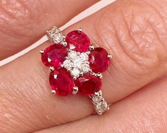 Unheated Ruby Flower Ring No Heat Natural Red Ruby Cluster Ring Ruby Engagement Ring Ruby Anniversary Ring Ruby Diamond Daisy Ring Unique