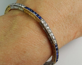 Art Deco Kashmir Sapphire Diamond Bracelet Antique Sapphire 1920s 1930s Unheated Cornflower Blue Sapphire Bangle Bracelet Sapphire Bracelet