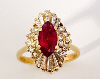 Ruby Engagement Ring Marquise Ruby Diamond Ring Natural Ruby Ring 14K Yellow Gold Ruby Ballerina Ring Vintage Ruby Rings Estate Heirloom