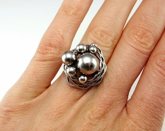 Modernist Silver Cluster Ring Bohomian Boho Silver Jewelry Abstract 1950s Ring Unisex Silver Rings Sphere Ring