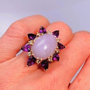 Vintage Jade Amethyst Diamond Ring Lavender Jade Ring Purple Jadeite Ring Vintage Jade Flower Ring 14K Purple Jade Engagement Ring