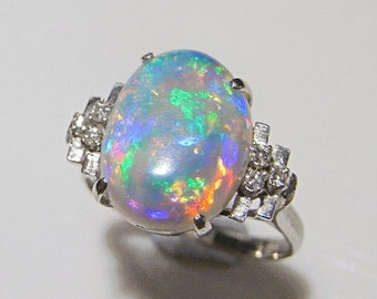 Australian Crystal Opal Diamond Engagement Ring Platinum One of a Kind Opal Birthstone Rings Rainbow Fiery Large Opal Rings Unique Jewelry