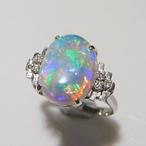 Australian Crystal Opal Diamond Engagement Ring Platinum One of a Kind Opal Birthstone Rings Rainbow Fiery Large Opal Rings Unique Jewelry