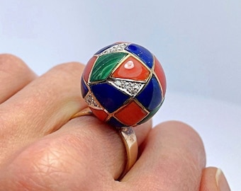 Inlay 14K Gold Ring Inlaid 14K Ring Vintage Lapis Malachite Red Coral Ring Mid Century Modernist Ring Cockail Ring Unique Diamond Ring Fine