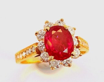 LARGE BRIGHT RED Unheated Ruby Diamond Ring No Heat Ruby Ring Ruby Engagement Ring Classic Ruby Solitaire Ring Diamond Halo Oval Cut Ruby