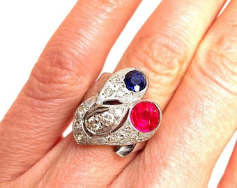 WWII 1940s Sweetheart Ring Ruby Sapphire Old Cut Diamond 14K Gold Ring Unique Engagement Abstract Design One of a Kind Art Deco Anniversary